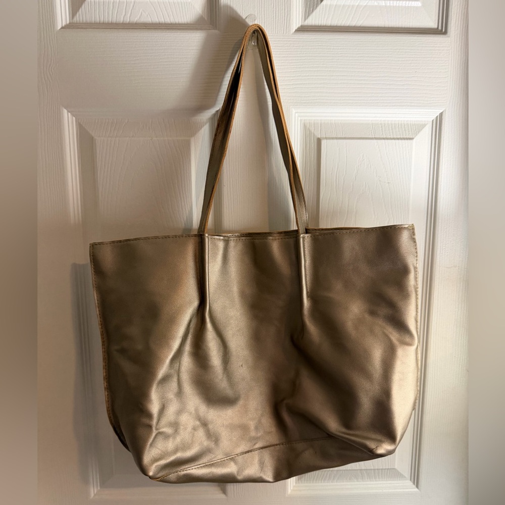 Saks, Fifth Avenue, faux leather gold metallic  Tote Bag 20x 12